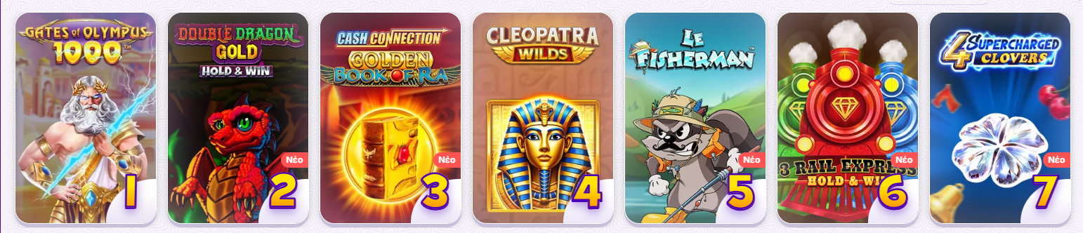 Ranked casino games carousel displaying top slot titles with positions, including Gates of Olympus 1000, Double Dragon Gold, Golden Book of Ra, Cleopatra Wilds, Le Fisherman, Rail Express, and 4 Supercharged Clovers, with some marked as new.